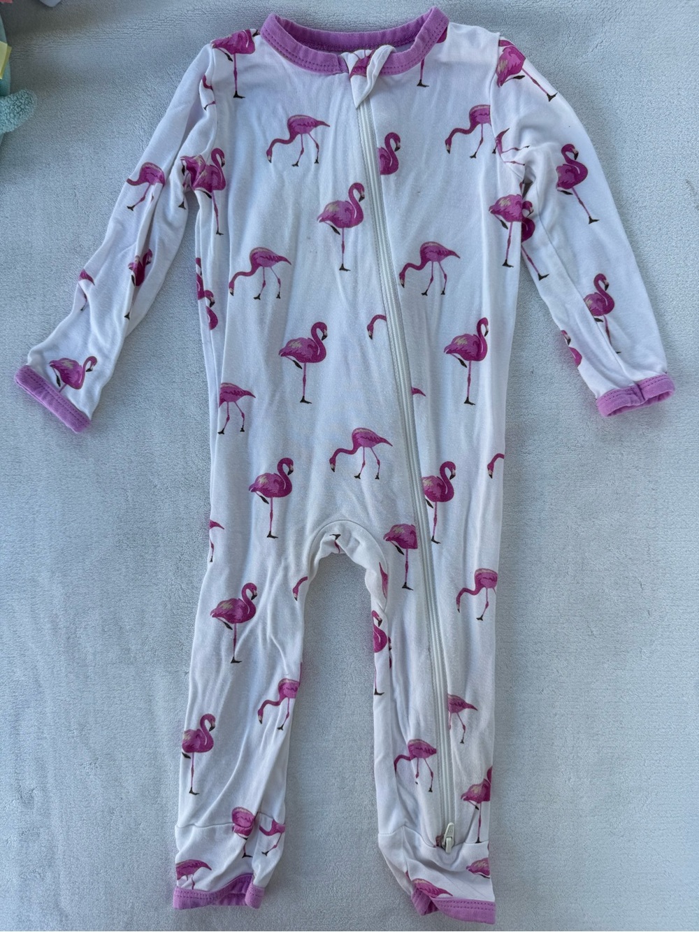 Kyte BABY White One-Piece Footie with Pink Flamingo Print